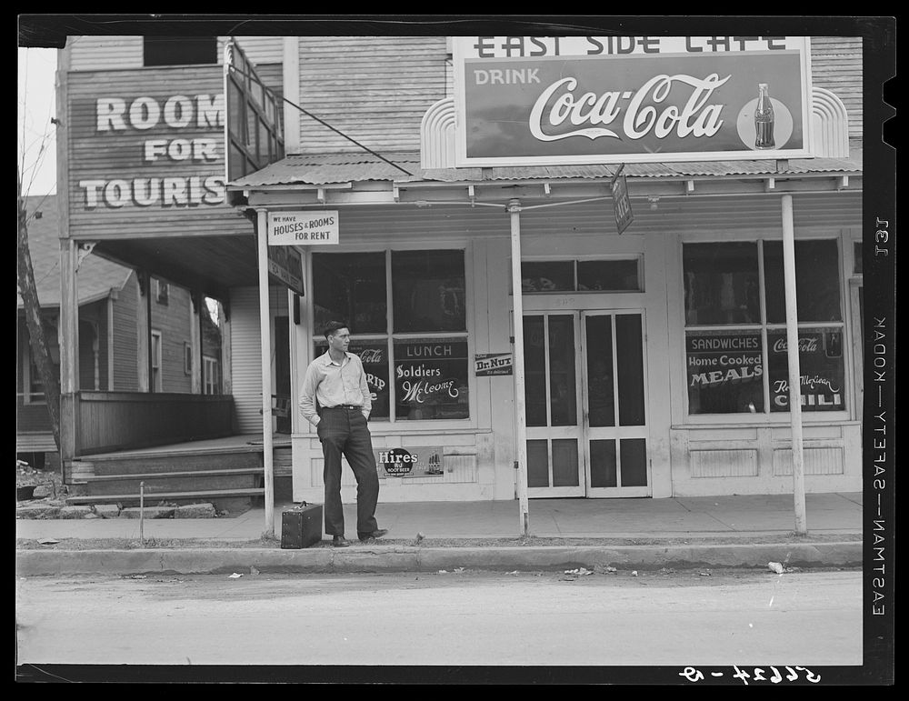 East side cafe with rooms for rent, "Soldiers Welcome," on highway to Camp Livingston, near Alexandria, Louisiana. Sourced…