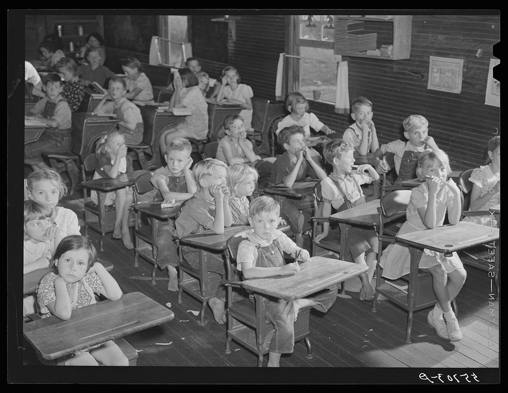 Overcrowded conditions and poor equipment in rural mountain school in Breathitt County, Kentucky. Sourced from the Library…
