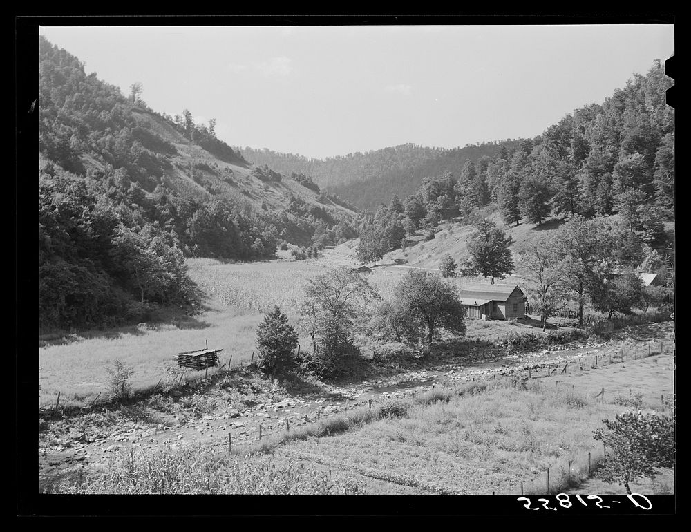 General landscape near Hyden, Kentucky, showing mountain cabins, sheds and cornfields. Sourced from the Library of Congress.