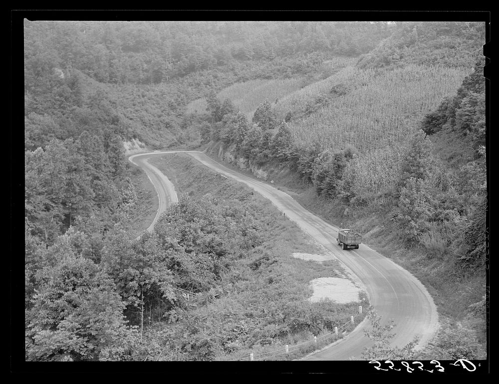Truckload of coal going down a mountain road between Jackson and Campton, Kentucky. Sourced from the Library of Congress.
