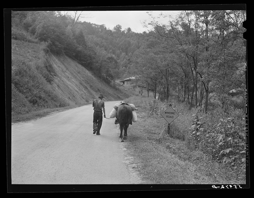 Mountaineer taking home groceries and supplies purchased in town. Eastern Kentucky. Sourced from the Library of Congress.