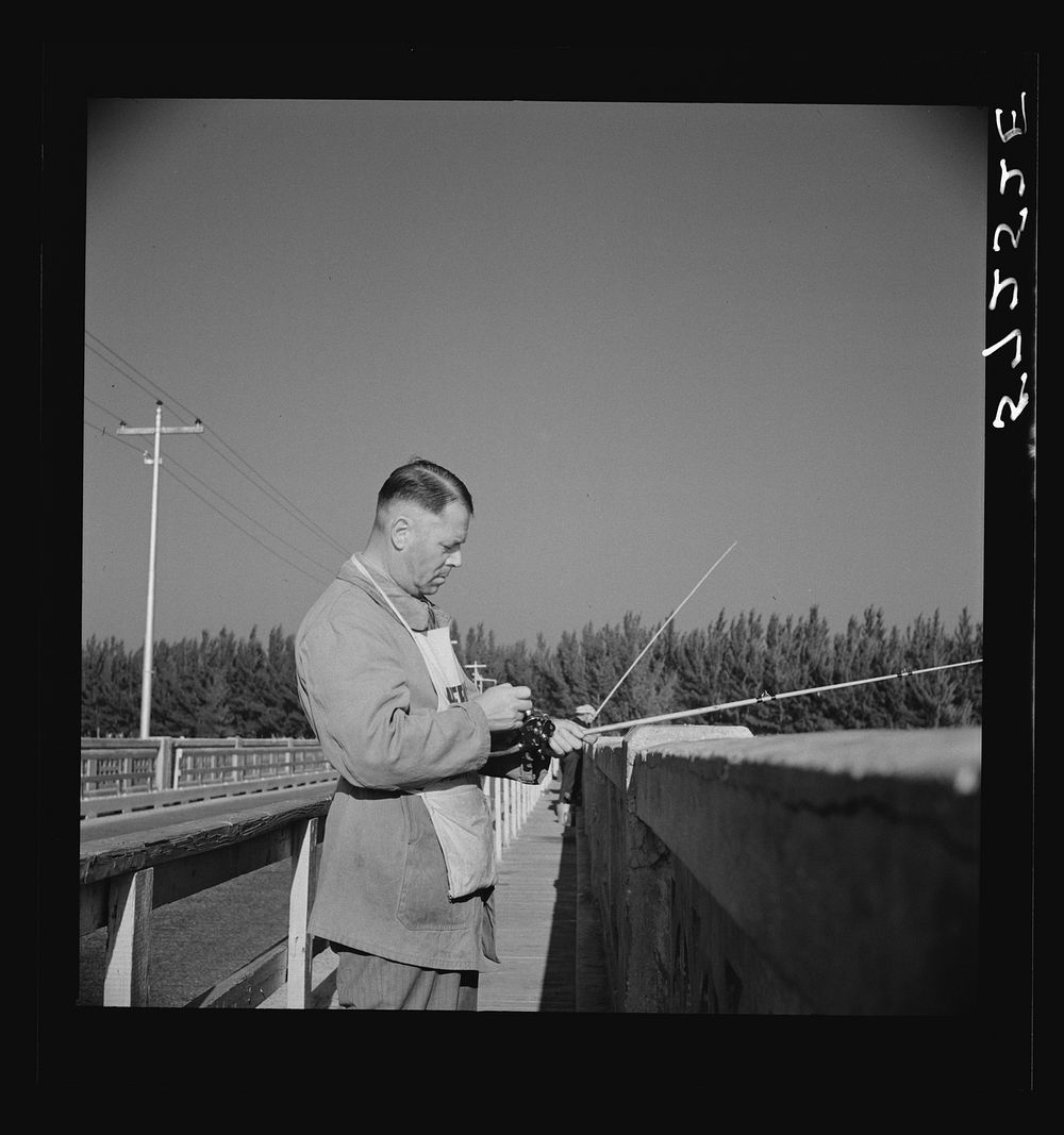 Guest of Sarasota trailer park, Sarasota, Florida, adjusting fishing rod. Sourced from the Library of Congress.