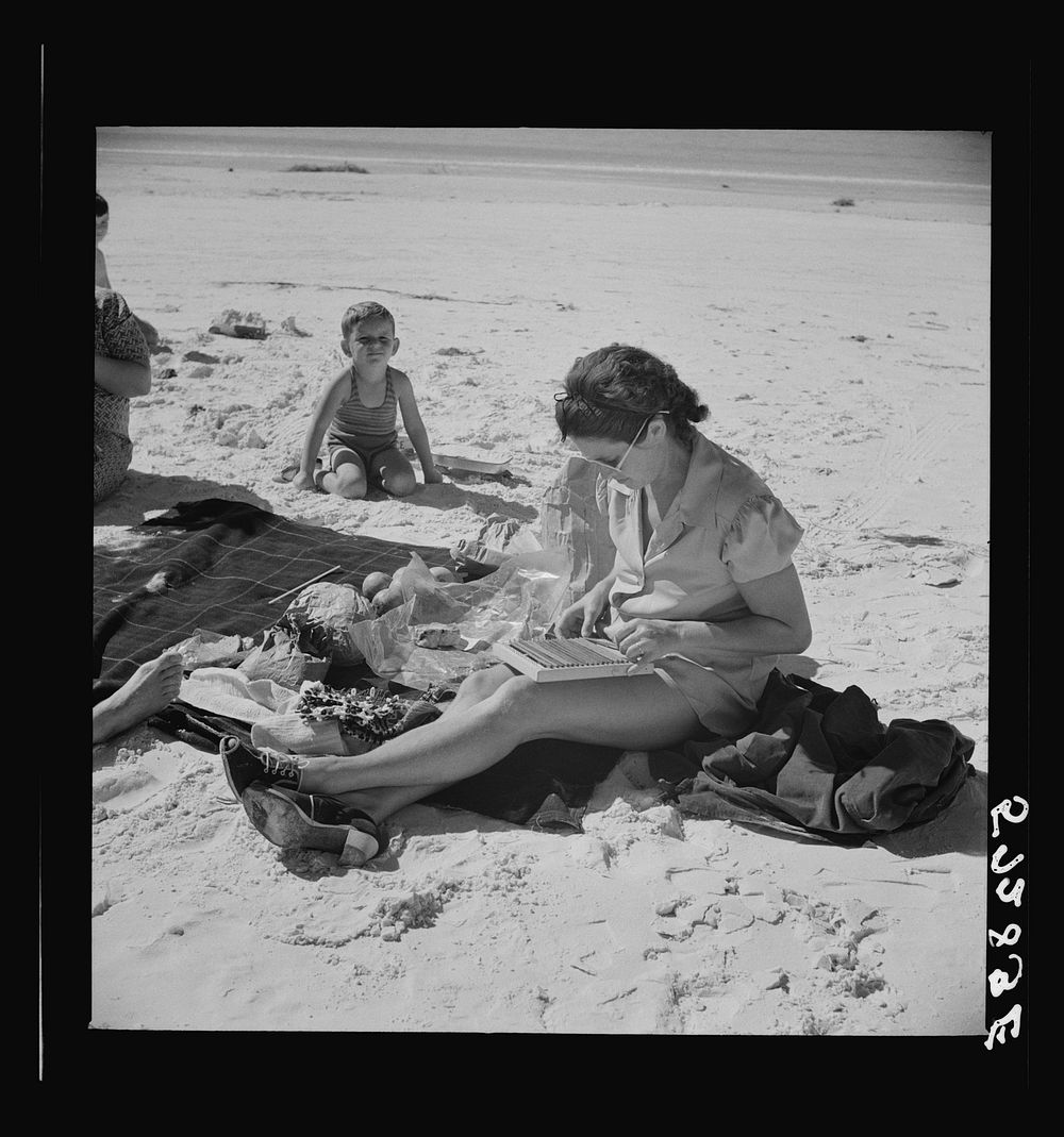 Guest of Sarasota trailer park, Sarasota, Florida, at the beach with her family. Sourced from the Library of Congress.