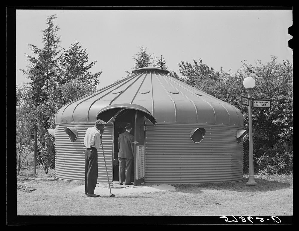 Diamaxion house, metal, adapted corn bin, built by Butler Brothers, Kansas City. Designed and promoted by R. Buckminister…