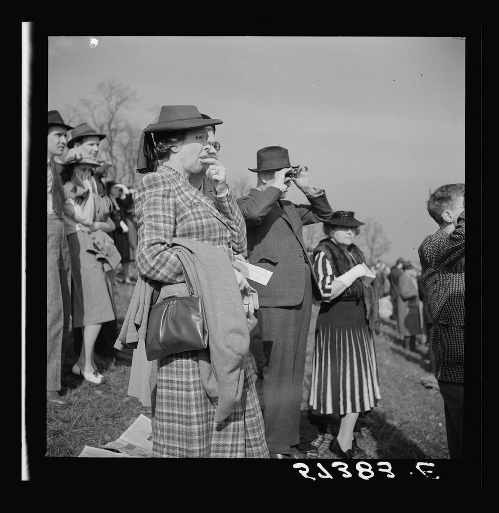 Spectators at the Point-to-Point Cup race of the Maryland Hunt Club. Worthington Valley, near Glyndon, Maryland. Sourced…