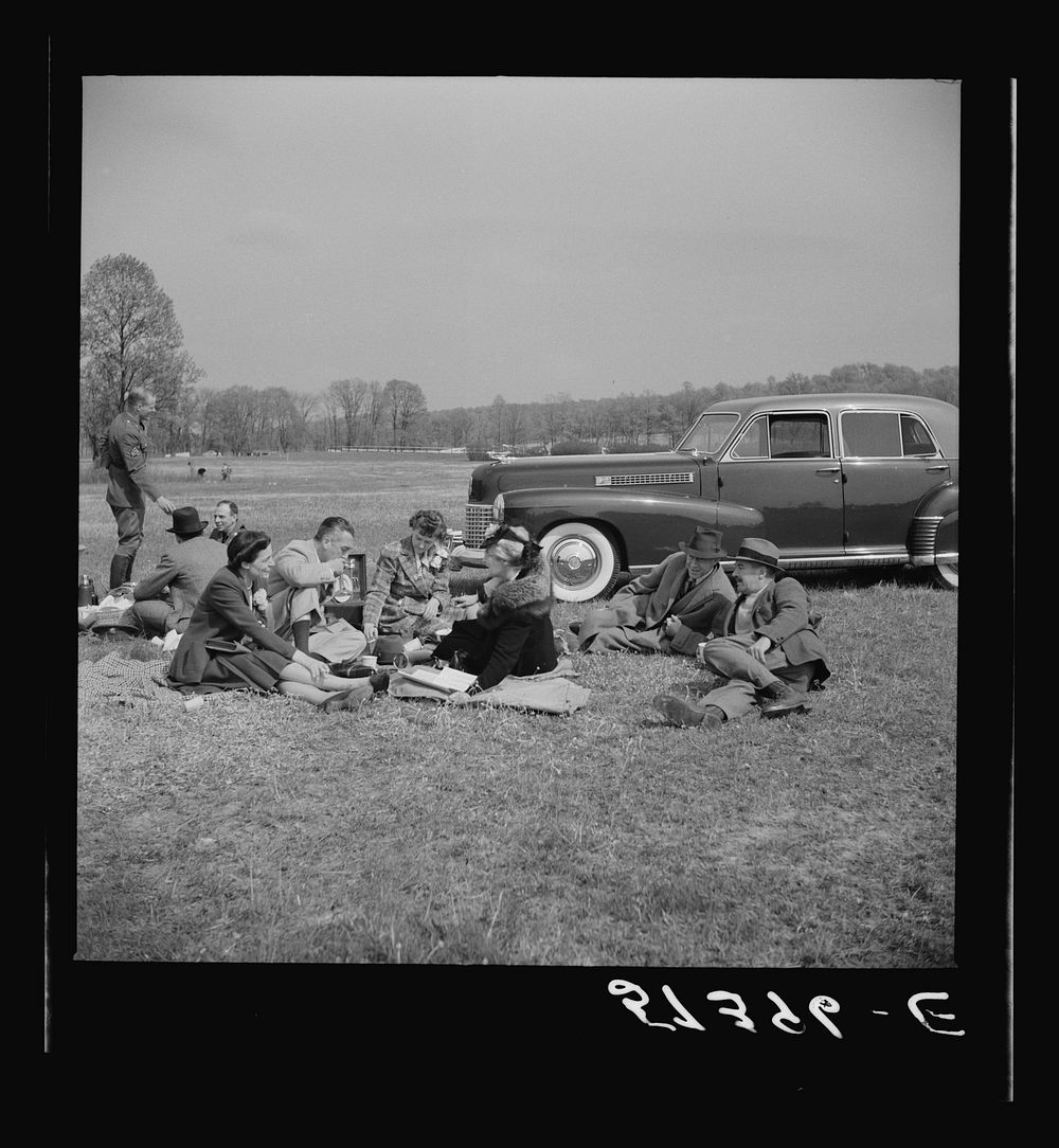 Spectators picnicking before the Point to Point Cup race of the Maryland Hunt Club. Worthington Valley, near Glyndon…