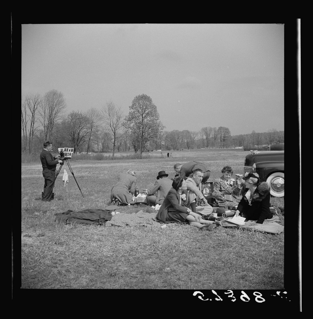 [Untitled photo, possibly related to: Spectators picnicking before the Point t Point Cup race of the Maryland Hunt Club.…