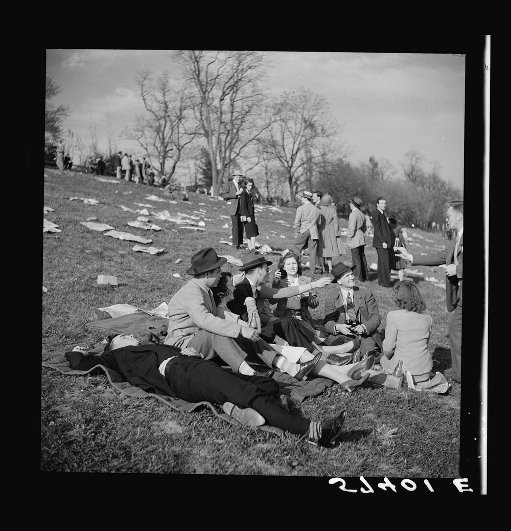 [Untitled photo, possibly related to: Spectators picnicking before the Point to Point Cup race of the Maryland Hunt Club.…