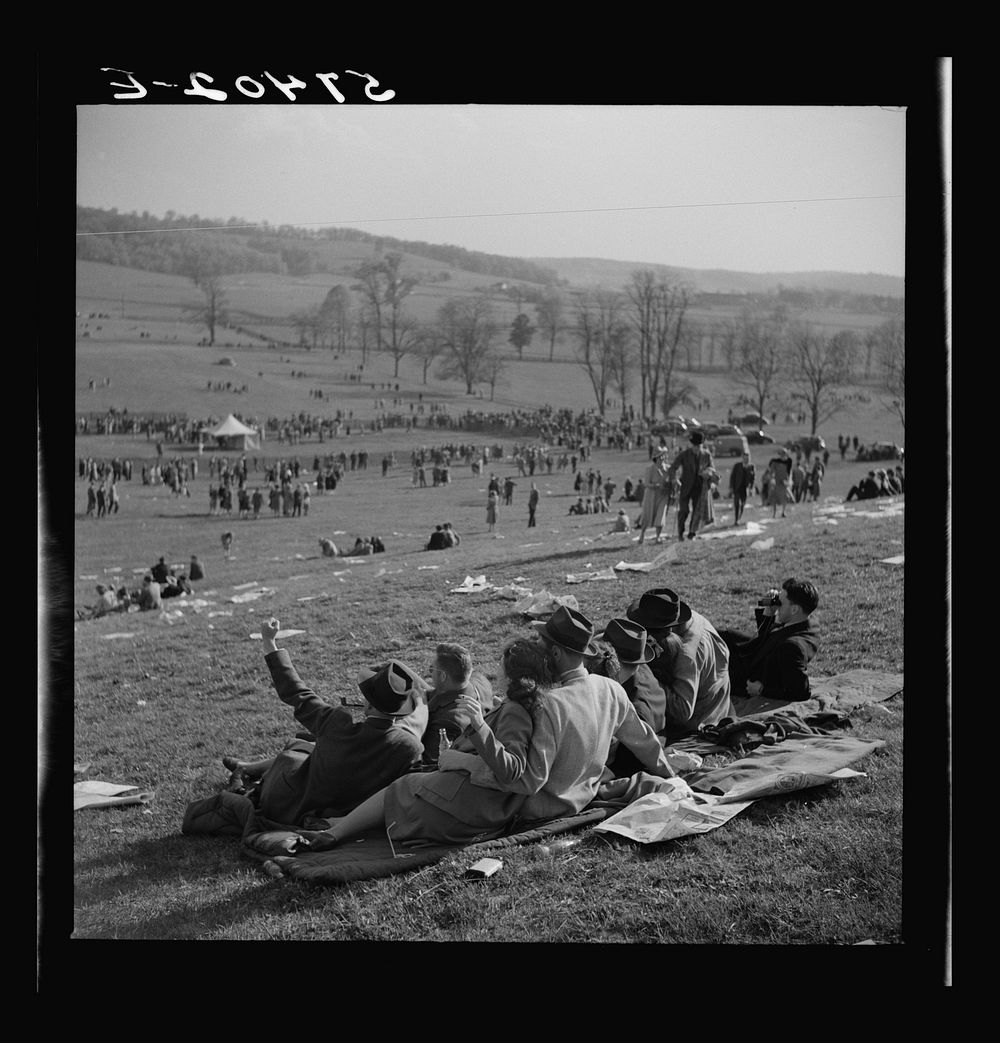 Spectators picnicking before the Point to Point Cup race of the Maryland Hunt Club. Worthington Valley, near Glyndon…
