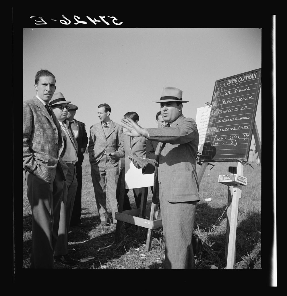Bookies taking bets at horse races. Warrenton, Virginia. Sourced from the Library of Congress.
