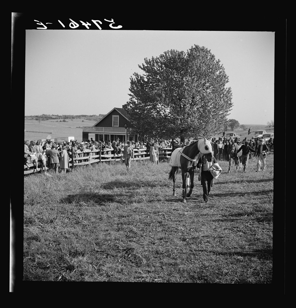 Spectators at paddock fence between races. Warrenton, Virginia. Sourced from the Library of Congress.