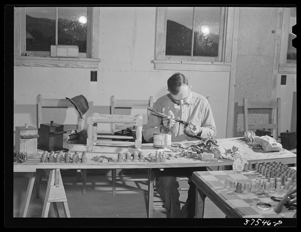 [Untitled photo, possibly related to: Woodworking in the arts and crafts shop on FSA (Farm Security Administration) project.…