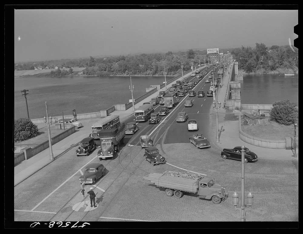 Traffic congestion across the bridge from East Hartford to Hartford, Connecticut after the Pratt and Whitney United Aircraft…
