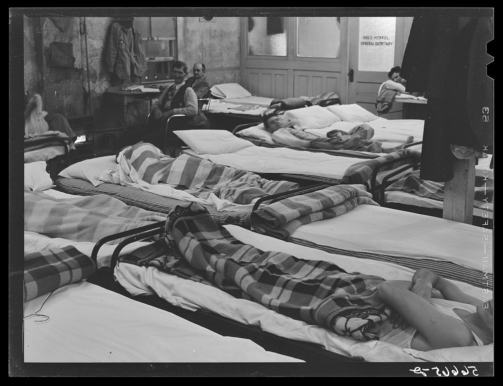 [Untitled photo, possibly related to: Flophouse of about thirty-seven beds at fifty cents each, constantly crowded with…