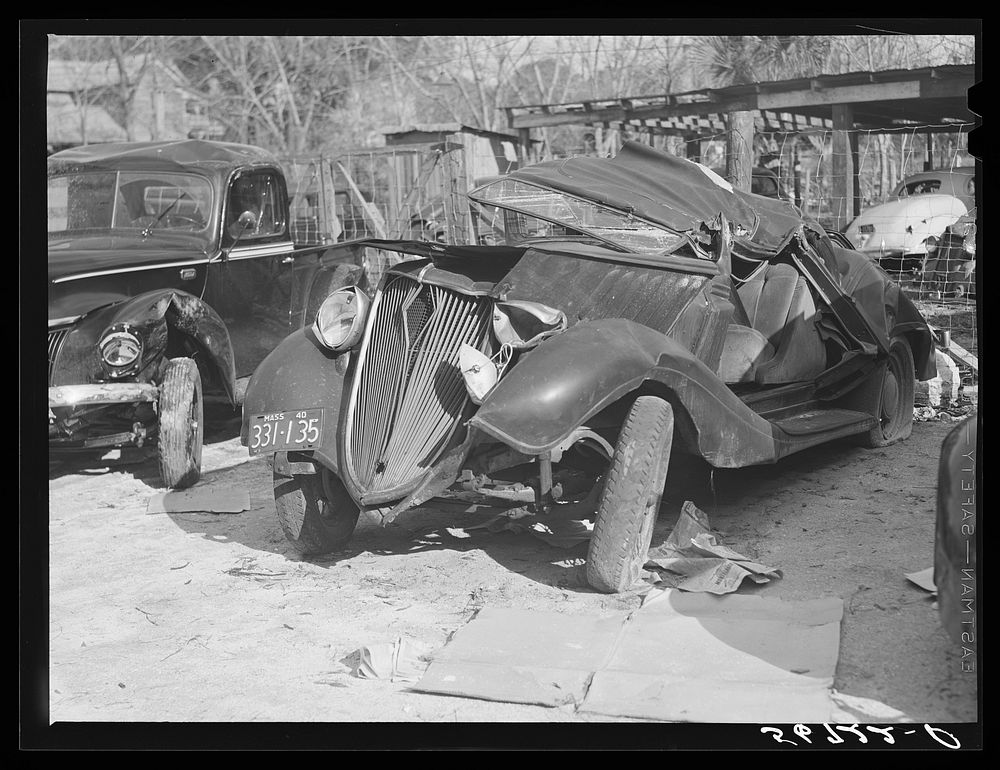 Wrecked car of construction worker. Starke, Florida. Sourced from the Library of Congress.