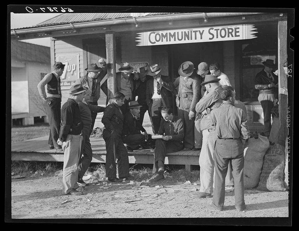 [Untitled photo, possibly related to: Spanish trappers and fur buyers waiting around while muskrats are being graded during…