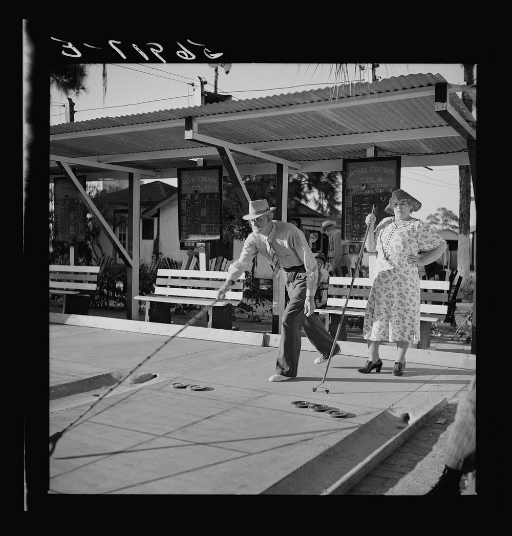 Shuffleboard enthusiasts. Sarasota trailer park, Sarasota, Florida. Sourced from the Library of Congress.