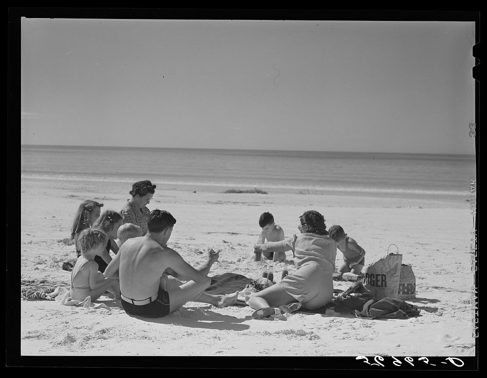 [Untitled photo, possibly related to: Members of Sarasota trailer park, Sarasota, Florida, picnicking at the beach]. Sourced…