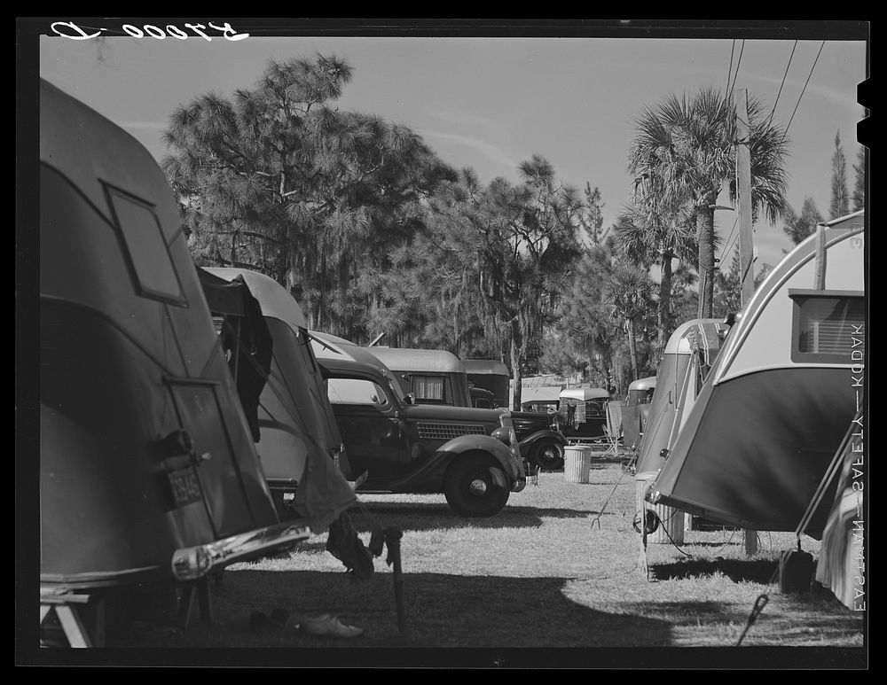 Trailers and cars in Sarasota trailer park. Sarasota, Florida. Sourced from the Library of Congress.