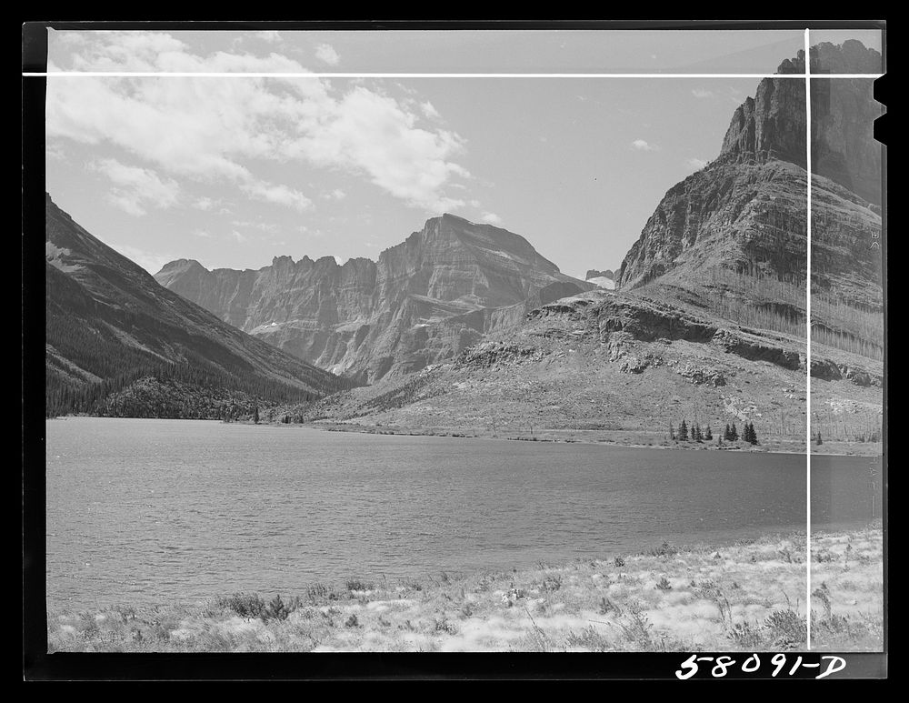 Lake along Many Glacier highway. Glacier National Park, Montana. Sourced from the Library of Congress.