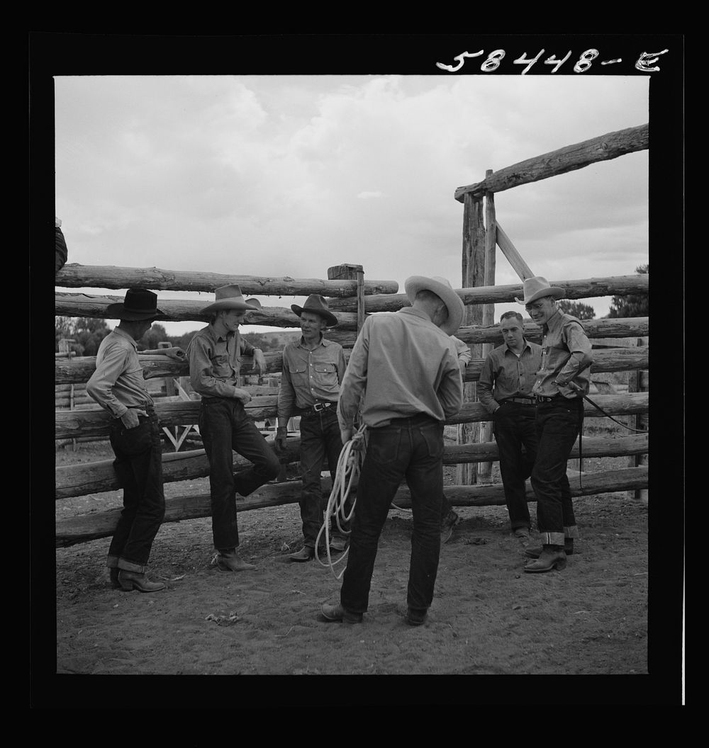 Dudes in the corral at Quarter Circle U Ranch. Birney, Montana. Sourced from the Library of Congress.