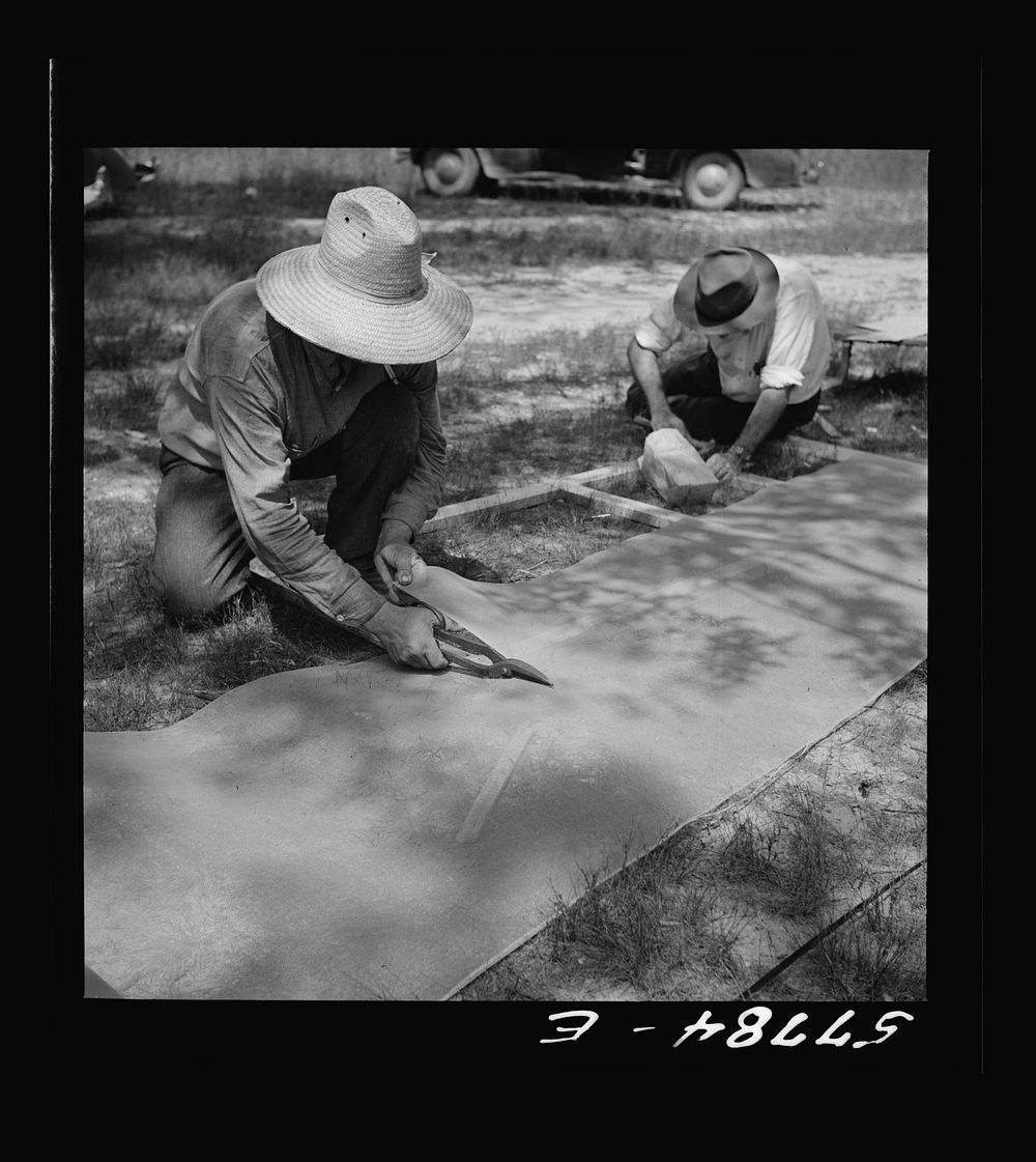 Cutting 16-mesh galvanized screen wire for door frame. Screening demonstration. Charles County, La Plata, Maryland. Sourced…