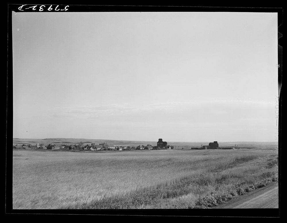[Untitled photo, possibly related to: Grain storage elevators in town near Minot, North Dakota]. Sourced from the Library of…