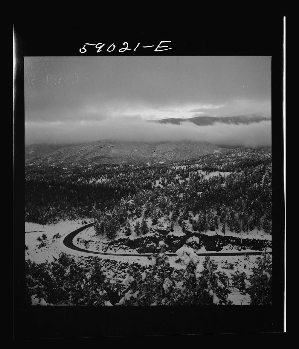 [Untitled photo, possibly related to: Highway across mountains near Bailey, Colorado, after early fall blizzard]. Sourced…