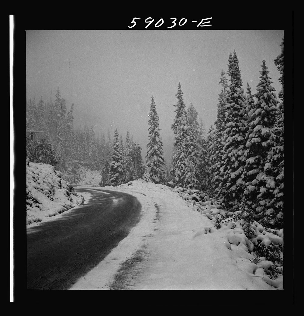 [Untitled photo, possibly related to: Highway across the mountains during early fall blizzard near Independence Pass…