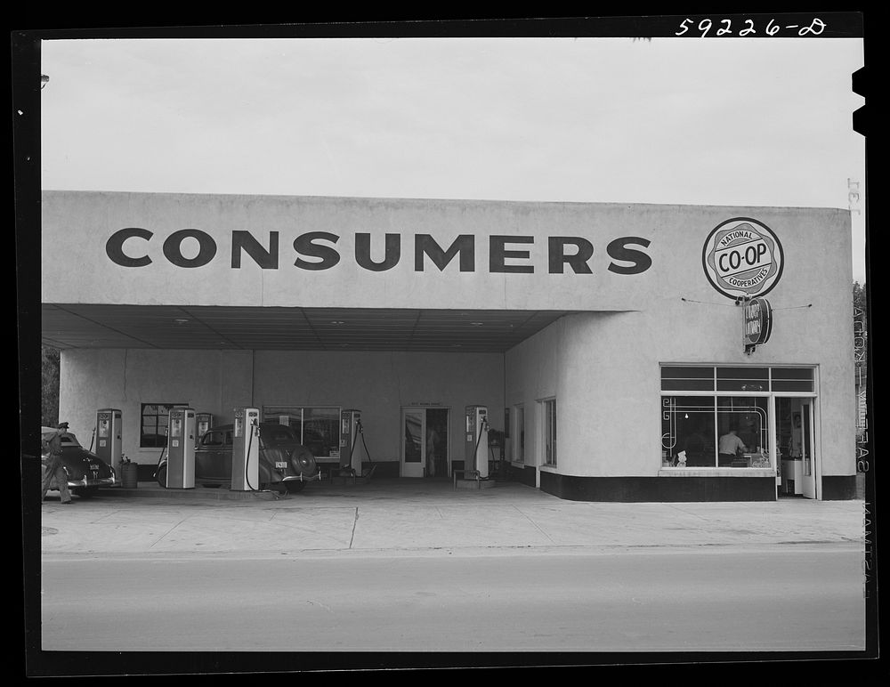 Cooperative gas station and lunch room. Laramie, Wyoming. Sourced from the Library of Congress.