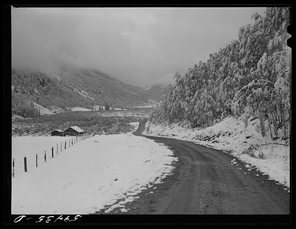 Road to Ashcroft, Colorado. Ghost mining town after early blizzard. Sourced from the Library of Congress.