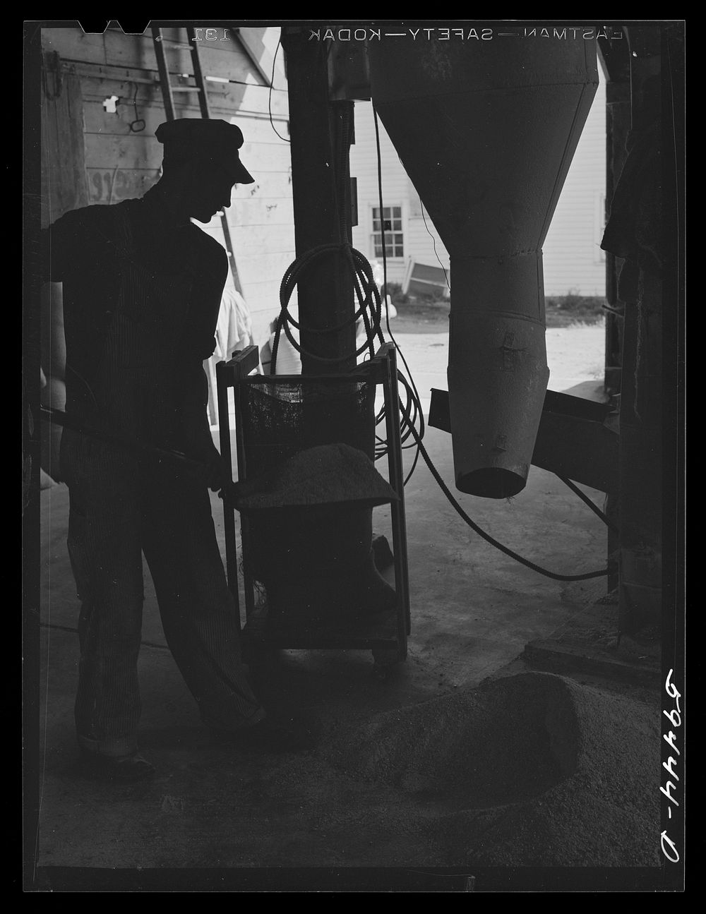 [Untitled photo, possibly related to: Harvey Renninger, in charge of purchasing and marketing enterprise, grinding feed in…