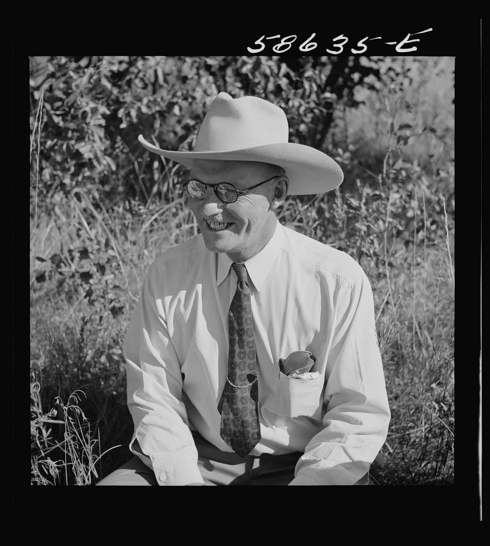 "Junior" Spear at stockmen's picnic and barbecue. Spear's Siding, Wyola, Montana. Sourced from the Library of Congress.