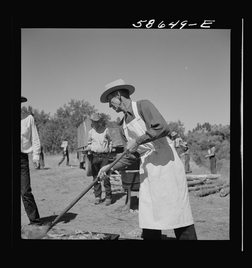 The chef barbecuing beef at the stockmen's picnic and barbecue. Spear's Siding, Wyola, Montana. Sourced from the Library of…