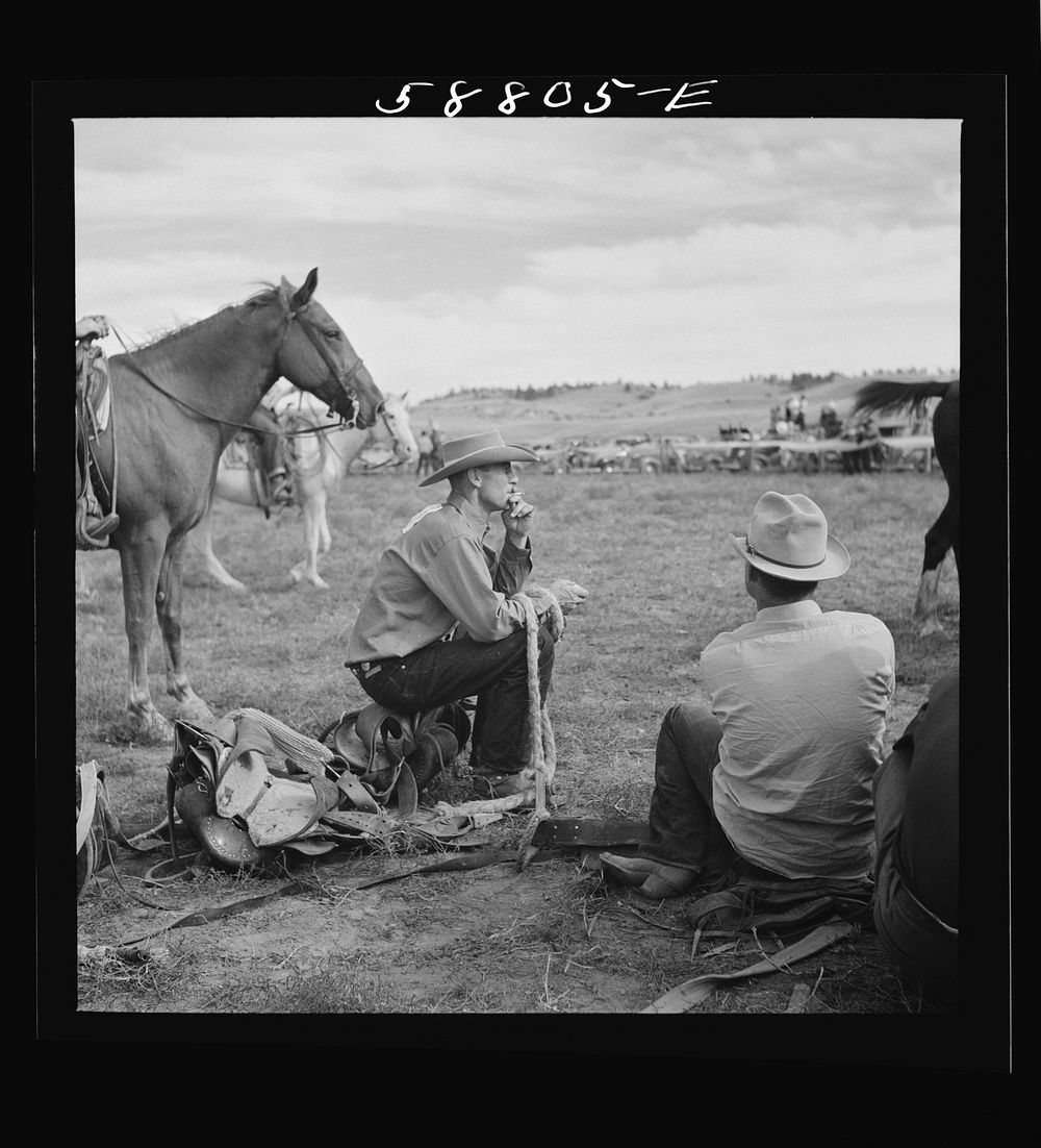 [Untitled photo, possibly related to: Cowboys at annual rodeo. Ashland, Montana]. Sourced from the Library of Congress.