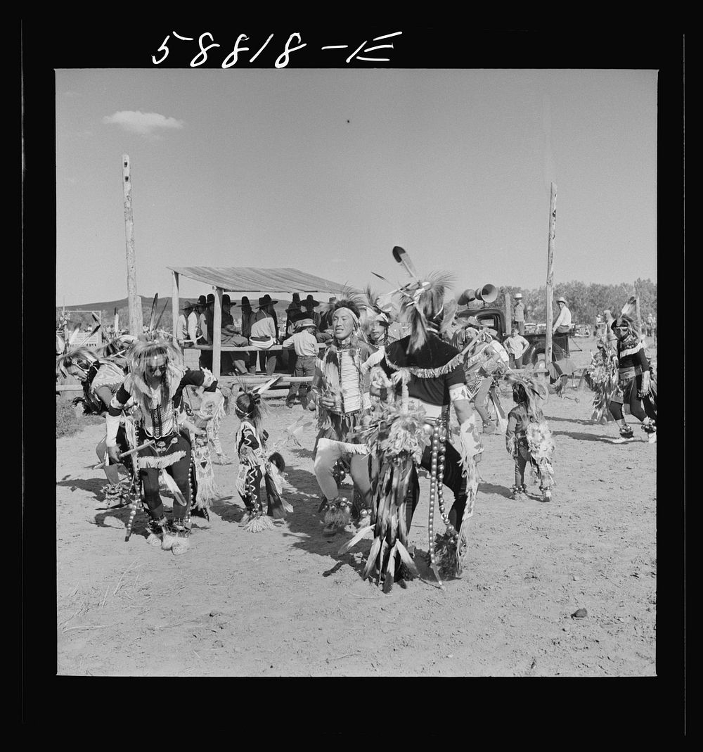 [Untitled photo, possibly related to: Crow Indian dance at annual fair. Crow Agency, Montana]. Sourced from the Library of…