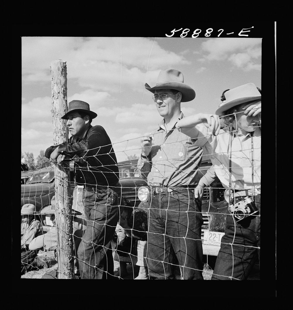 [Untitled photo, possibly related to: Dudes and cowboy from Quarter Circle U Ranch at Crow Indian fair. Crow Agency…