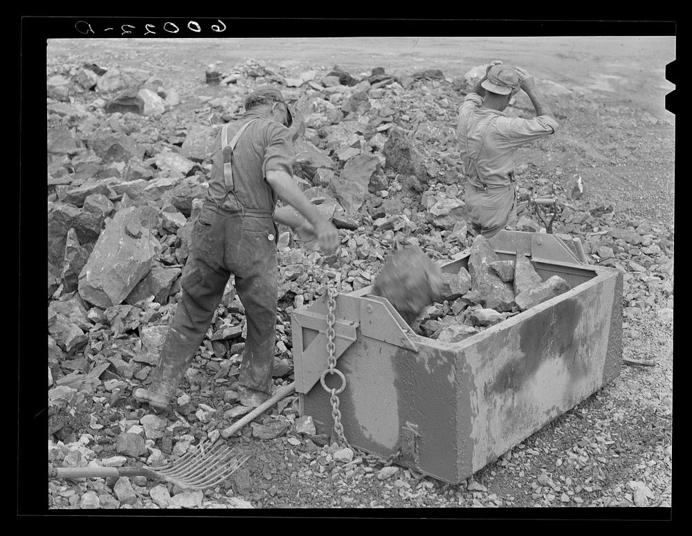 [Untitled photo, possibly related to: Workers in the limestone quarry. Tygart Valley Homesteads, West Virginia]. Sourced…