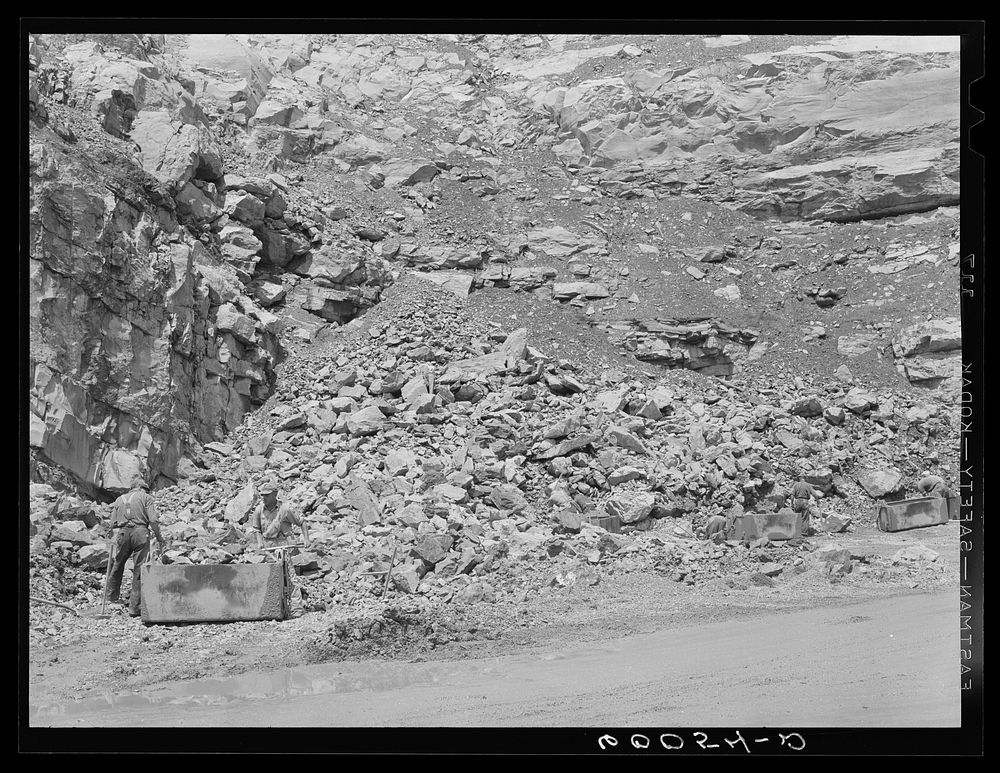 [Untitled photo, possibly related to: Workers in limestone quarry. Tygart Valley Homesteads, West Virginia]. Sourced from…
