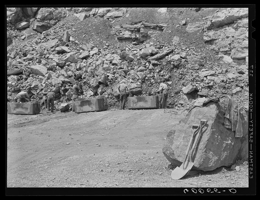 [Untitled photo, possibly related to: Workers in limestone quarry. Tygart Valley Homesteads, West Virginia]. Sourced from…