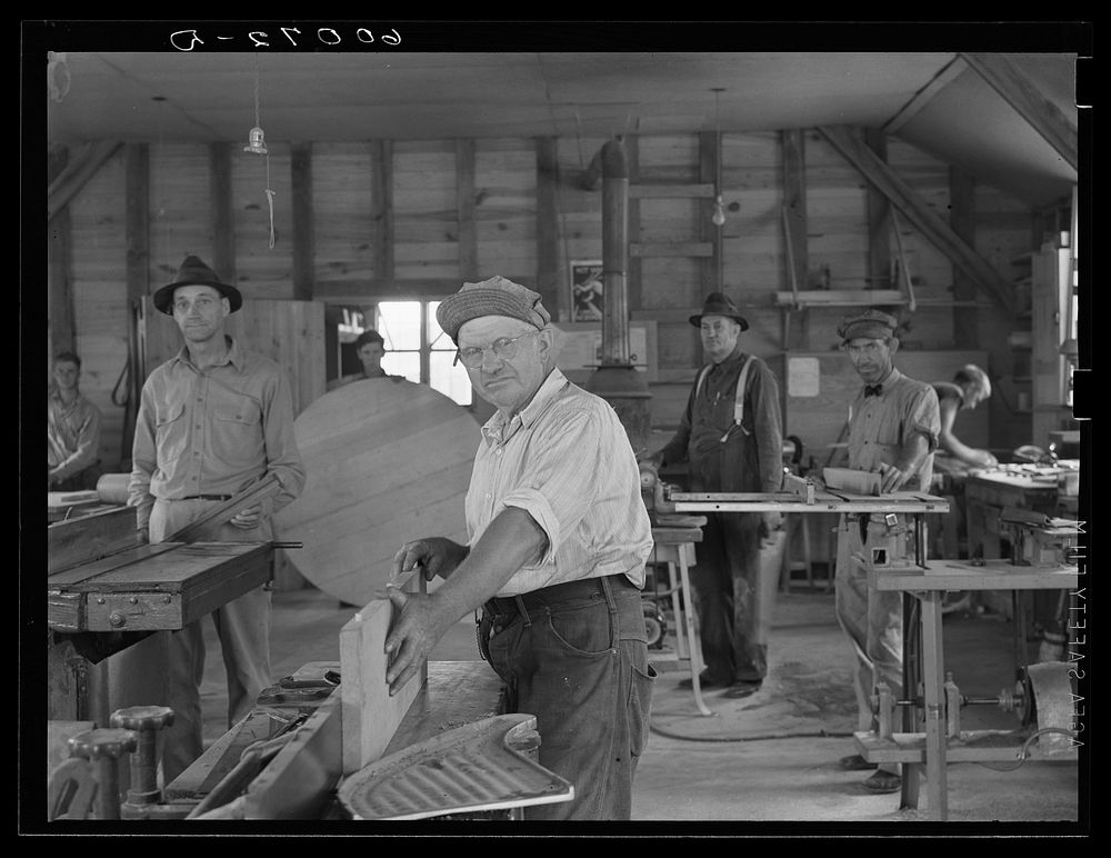 Homesteaders at work in the woodworking shop. Tygart Valley Homesteads, West Virginia. Sourced from the Library of Congress.