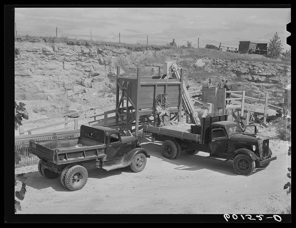 Limestone crusher at limestone quarry. CCC (Civilian Conservation Corps) cooperating with SCS (Soil Conservation Service).…