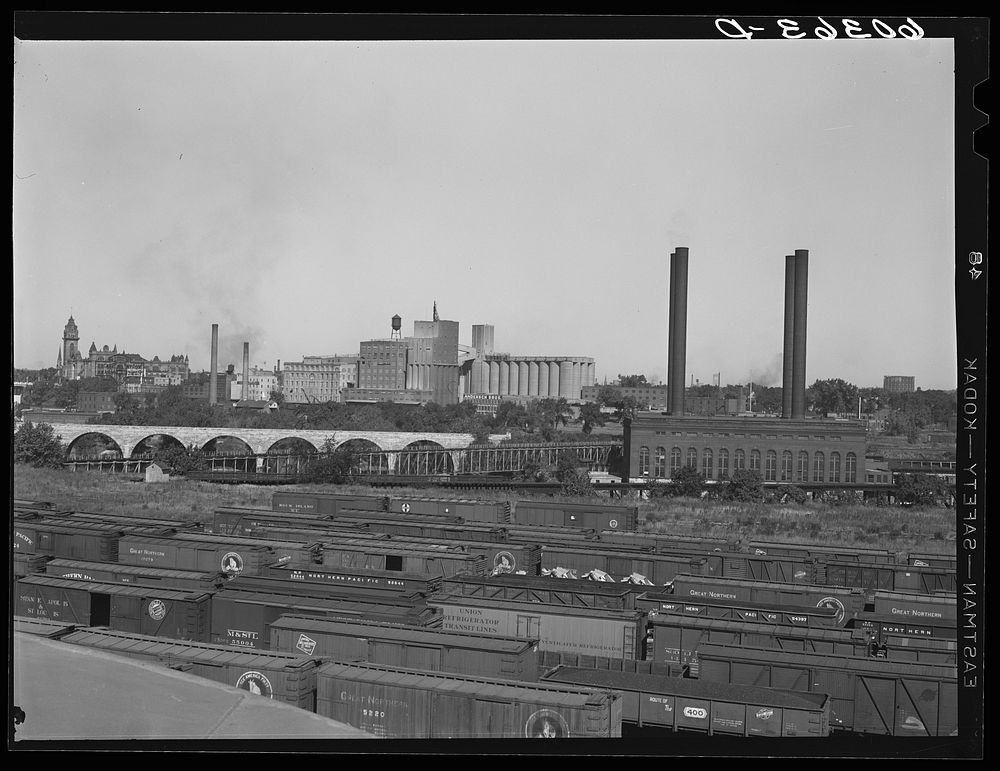 Freight cars in flour mill district. Minneapolis, Minnesota. Sourced from the Library of Congress.