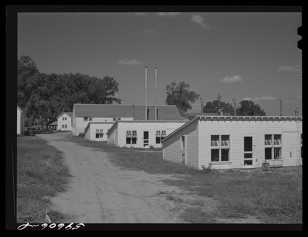 Poultry houses at Two Rivers Non-Stock Cooperative, a FSA (Farm Security Administration) co-op. Waterloo, Nebraska. Sourced…