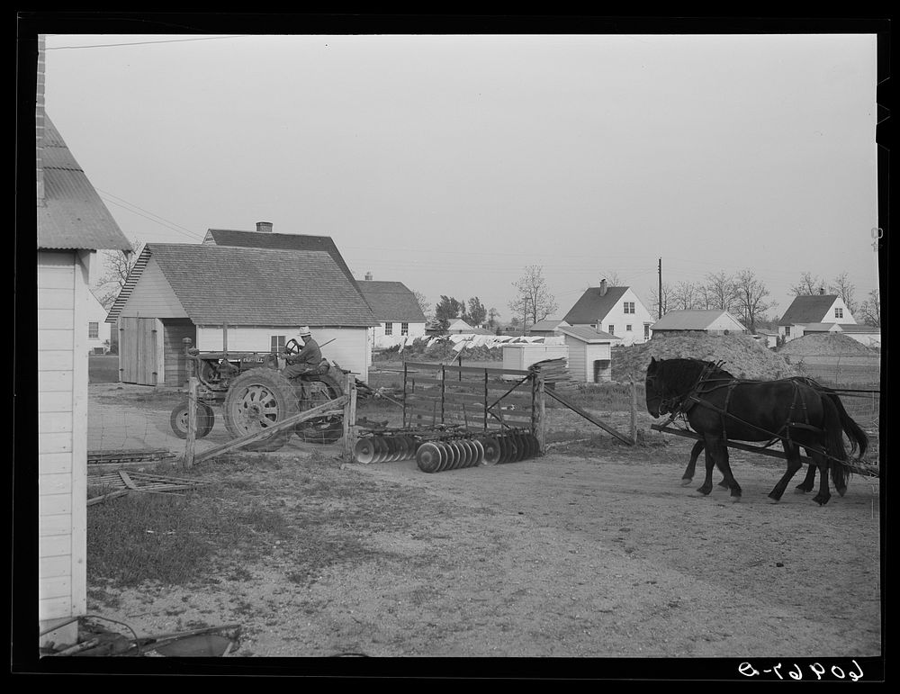 Tractor and horses coming in from field at end of day. Deshee Unit, Wabash Farms, Indiana. Sourced from the Library of…