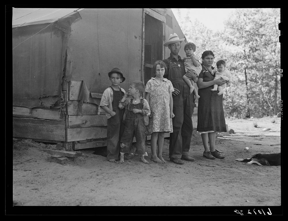 [Untitled photo, possibly related to: Farmer and family living in tent on poor land of Mississippi riverbottoms. They will…