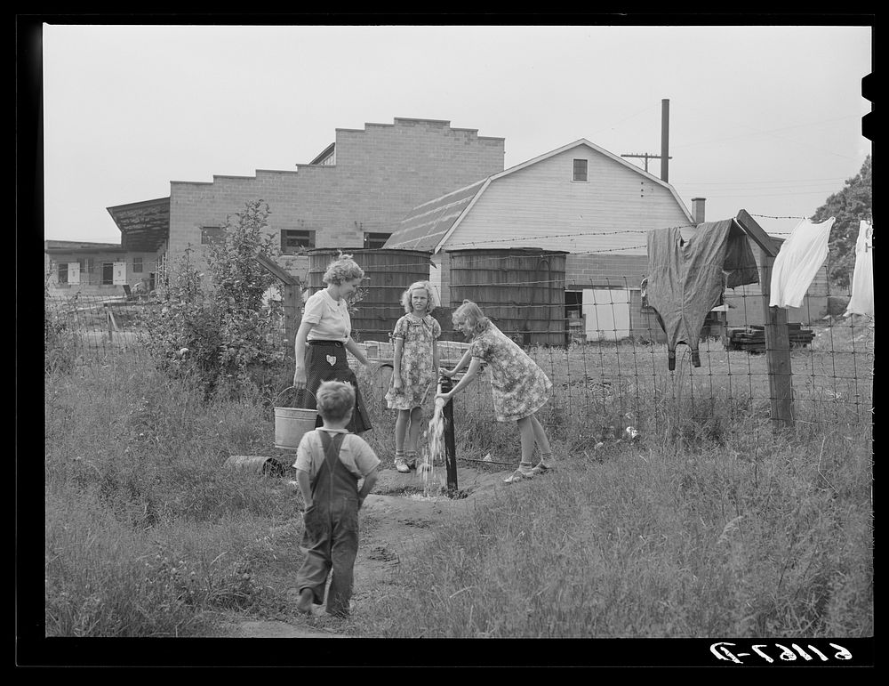 Pump for migrant fruit workers living in nine one-room cabins adjoining packing house. Berrien County, Michigan. Sourced…