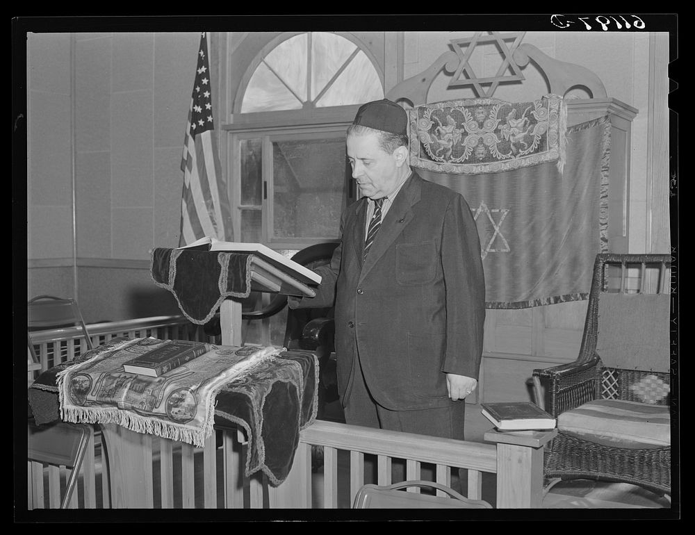 Rabbi in synagogue at House of David. Benton Harbor, Michigan. Jewish people come from Chicago and nearby large cities to…