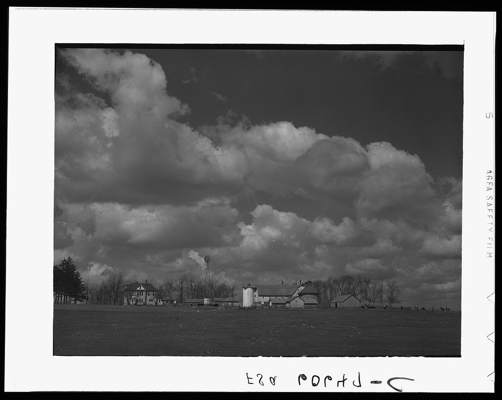 Iowa corn farm, Grundy County, Iowa. Field in the foreground was the scene of the national cornhusking contest in 1932.…