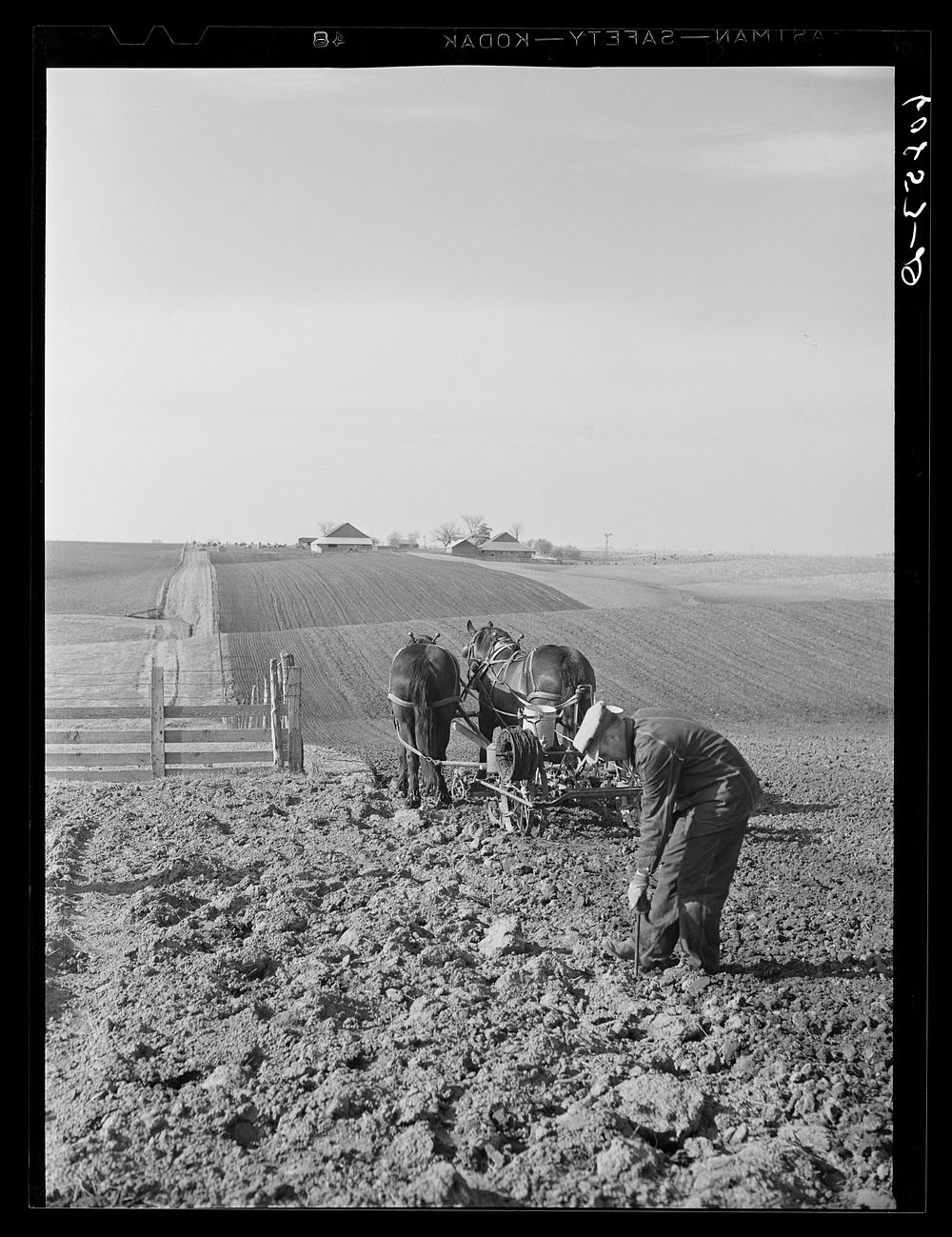 Putting stake which holds the wire in the ground during corn planting. Jasper County, Iowa. Sourced from the Library of…